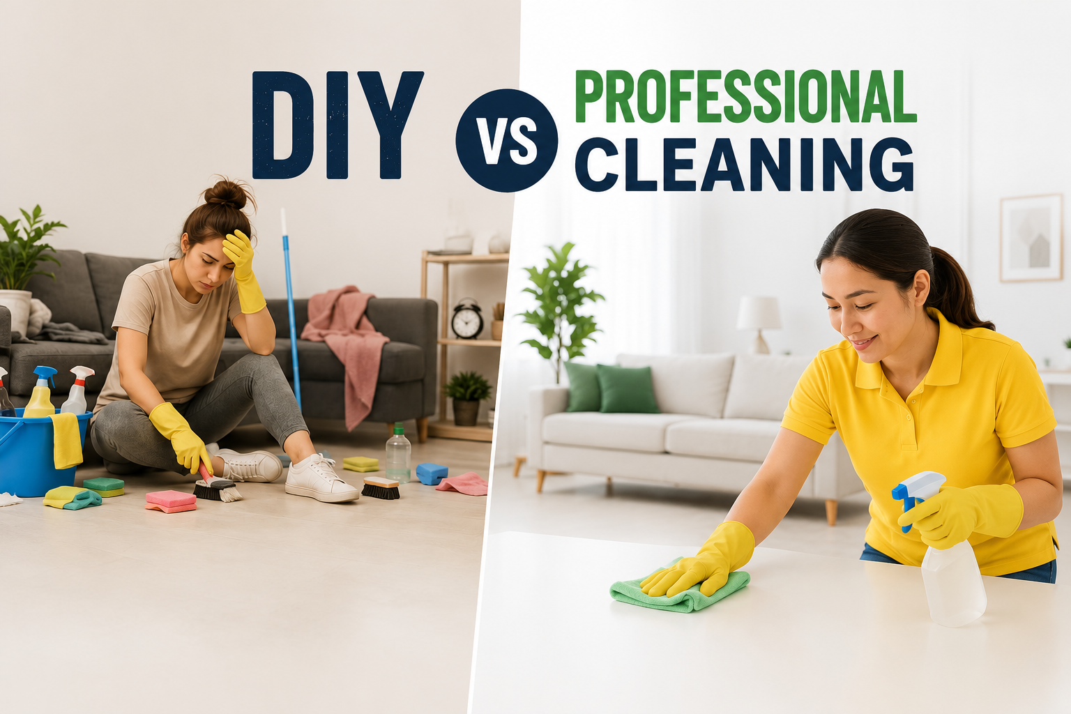Person deciding between cleaning supplies and a professional cleaning team for a Dubai move-out