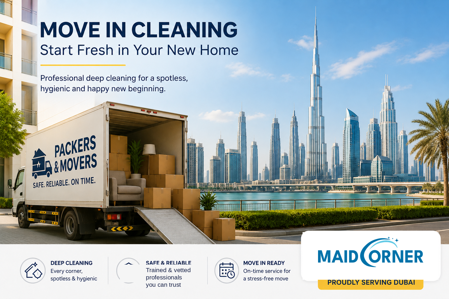 Empty Dubai apartment being cleaned before move-in, boxes waiting to be unpacked