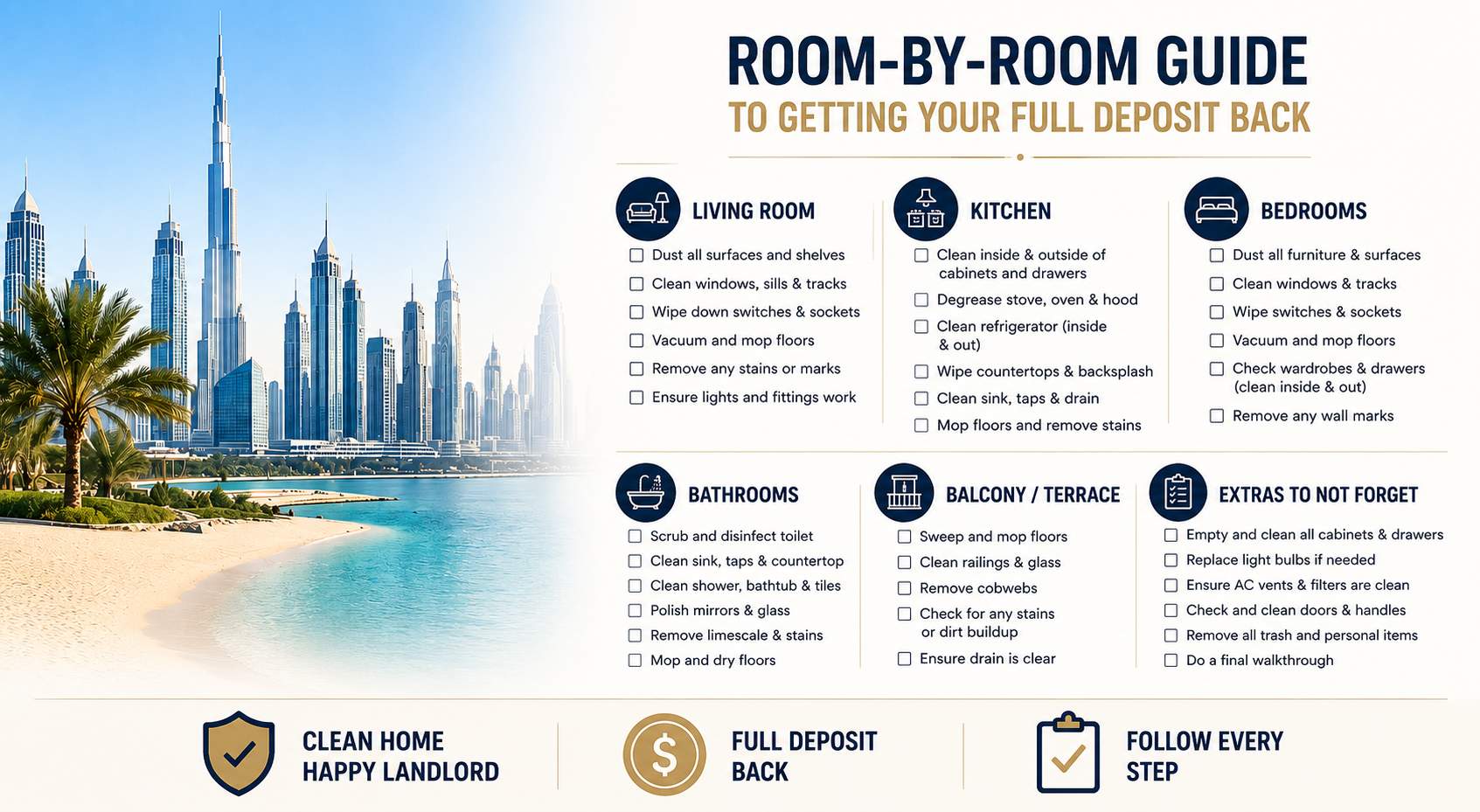 Tenant checking a room-by-room move-out cleaning checklist in a Dubai apartment