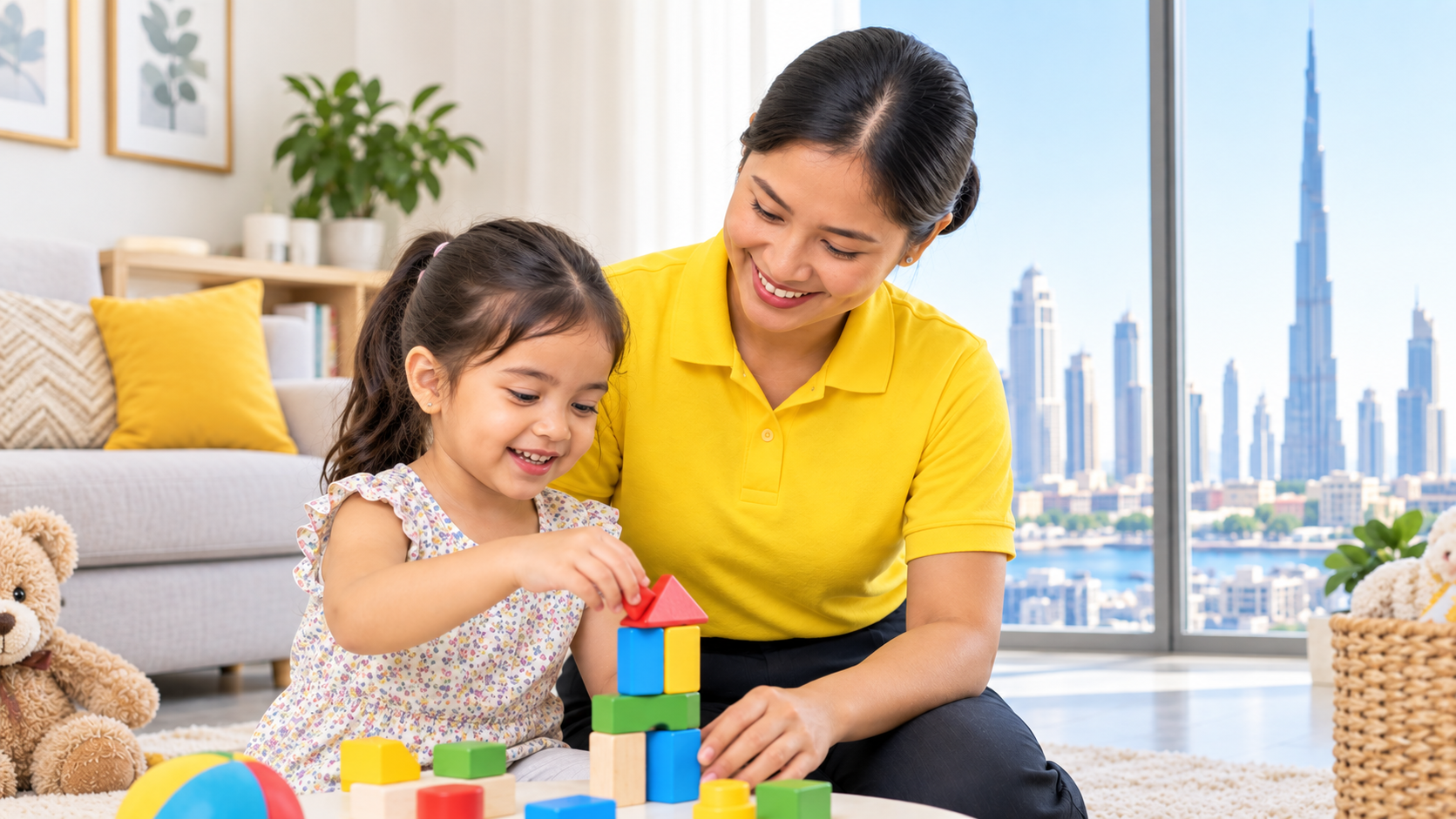 Nanny playing with a young child with building blocks in a Dubai apartment overlooking the Burj Khalifa